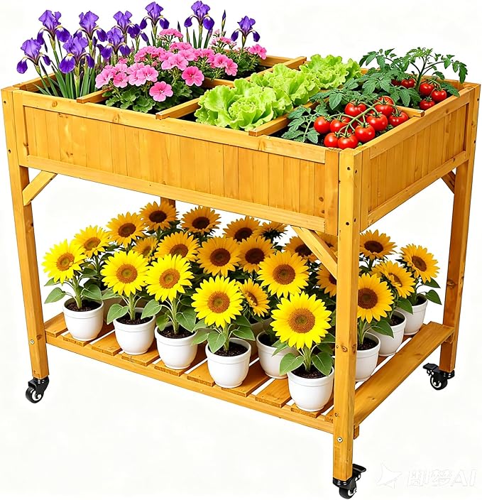 Elevated 8 Pocket Herb Garden Bed Mobile Raised Customizable Wood Planter for Herbs Vegetables Flowers w/Lockable Wheels Storage Shelf Drainage Holes (36 L x24 W x34 H)