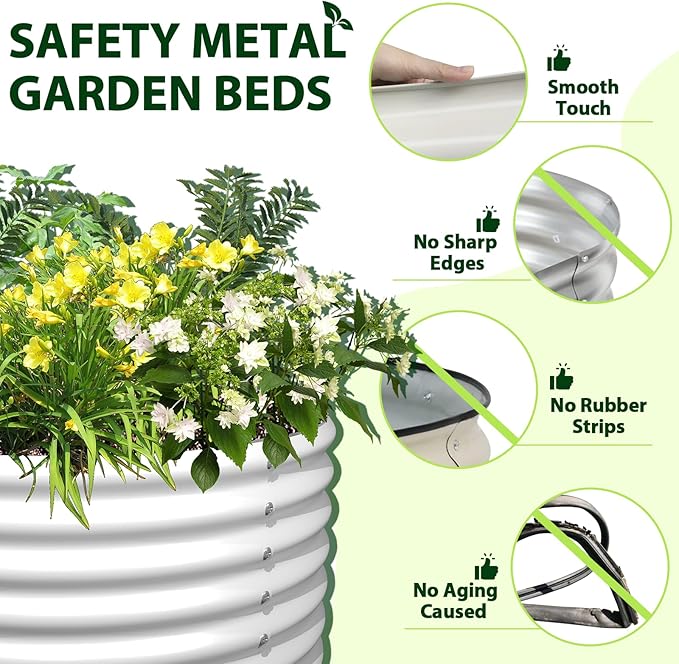 A ANLEOLIFE 4-Pack 4ft x 18” Tall Round Galvanized Raised Garden Beds Outdoor for Planting Vegetables Flowers Herb Antique White