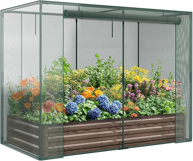 DoCred Crop Cage with Raised Garden Bed 84.6 x 45.3 x 59 Plant Protection Tent Garden Cages with Window 2 in 1 Galvanized Raised Garden Bed Kit and Mesh Cover for Garden Yard Lawn