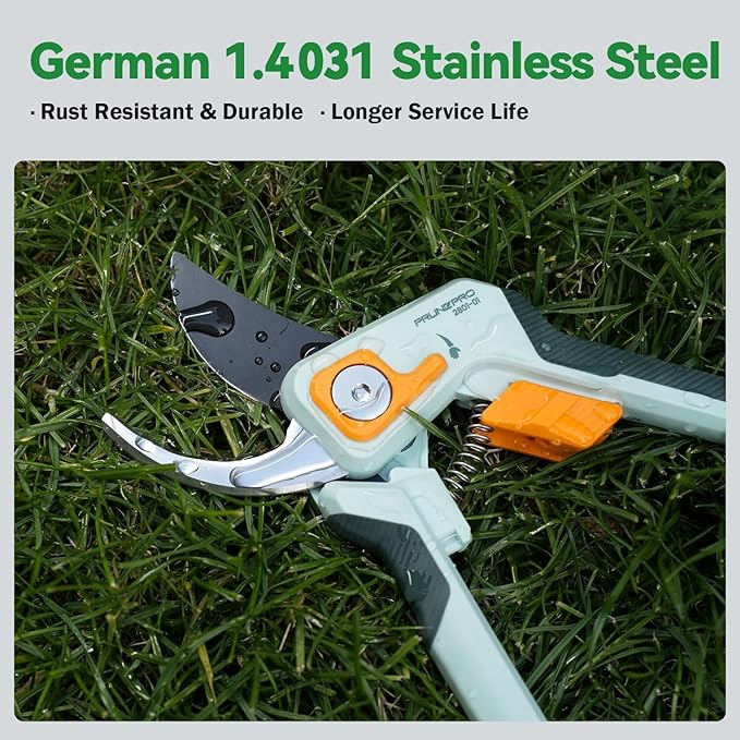 PrunePro 8 Professional Pruning Shears for Gardening Bypass Hand Pruner Stainless Steel Sharp Garden Scissors Plant Flower Rose Garden Clipper Green &amp Orange
