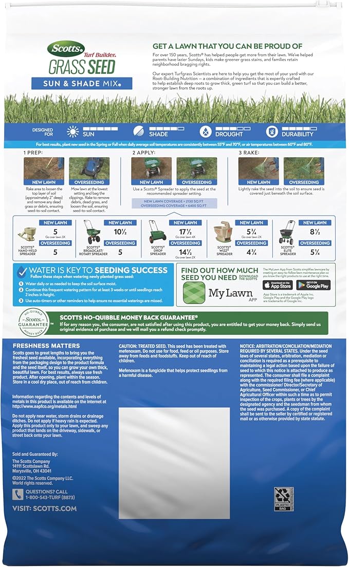 Scotts Turf Builder Grass Seed Sun and Shade Mix with Fertilizer and Soil Improver Thrives in Many Conditions 16 lbs.