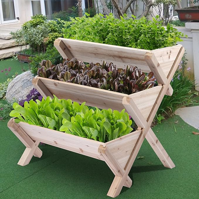 3 Tiers Wooden Vertical Raised Garden Bed with LegsPlanter Raised Beds Kit for Flowers Herbs Vegetables Natural