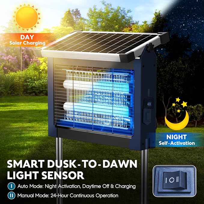 Solar Bug Zapper Outdoor Waterproof Mosquito Zapper Outdoor Solar Powered 4500V Electric Bug Zapper Indoor w/Smart Light Sensor Mosquito Trap Fly Zapper for Patio Kitchen Garage Yard Camping