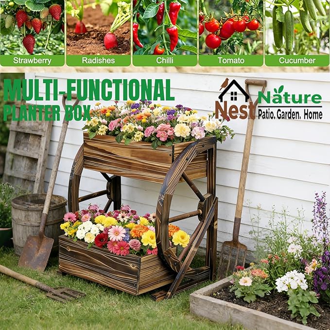 Wooden Wagon Garden Planter Box with Wheels-Indoor/Outdoor Decor for Patio Backyard Balcony-Country Farmhouse Flower Box-2 Tier Rustic Garden Raised Bed for Flowers Herbs Vegetables