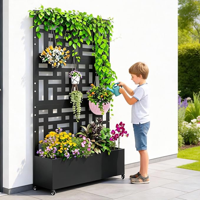 Nexum Metal Planter Box with Trellis &amp Wheels 71x47x16 Planter Boxes Outdoor with Drainage Holes Privacy Planters for Patio Balcony Backyard Poolside