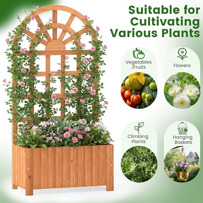 BECOMFORT 48”H Raised Garden Bed with Arched Trellis Fir Wood Planter Box with Privacy Screen &amp Drainage Holes for Balcony Yard Elevated Outdoor Flower Box for Climbing Plants Vegetables &amp
