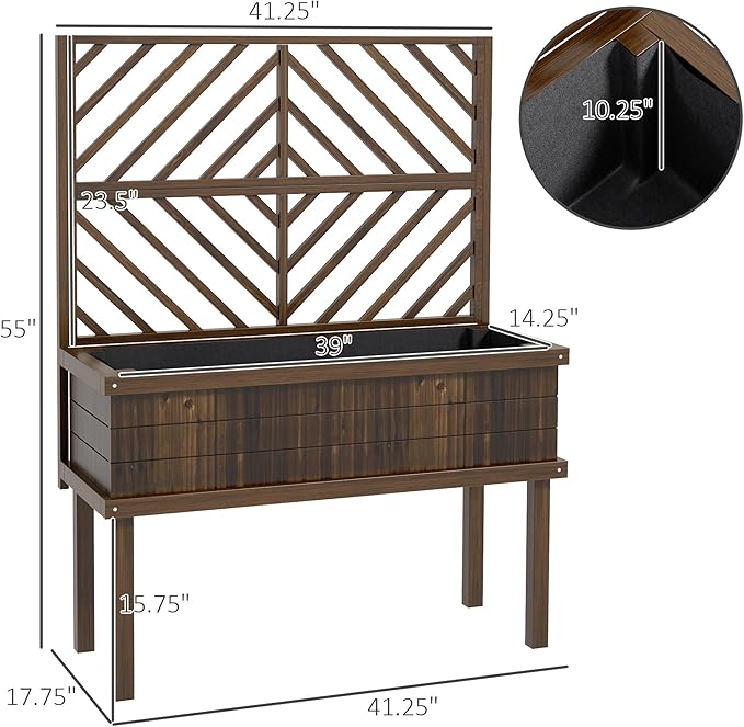 Carbonized Wood Raised Garden Bed with Stylized Trellis Spacious Self Draining for Climbing Plants Vegetables and Grape Vines Perfect for Outdoor Gardens and Patios