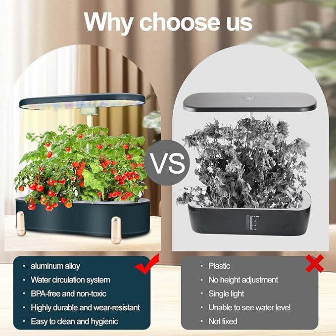Hydroponics Growing System Indoor Garden:12 Pods Plant Kit Aeroponic Herb Vegetable Growth Lamp Countertop with LED Grow Light Adjustable Height Up to 20.47inch (Blackish Green One-Size)
