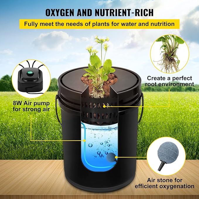 VEVOR DWC Hydroponic System 5 Gallon 4 Buckets Deep Water Culture Growing Bucket Hydroponics Grow Kit with Pump Air Stone and Water Level Device for Indoor/Outdoor Leafy Vegetables