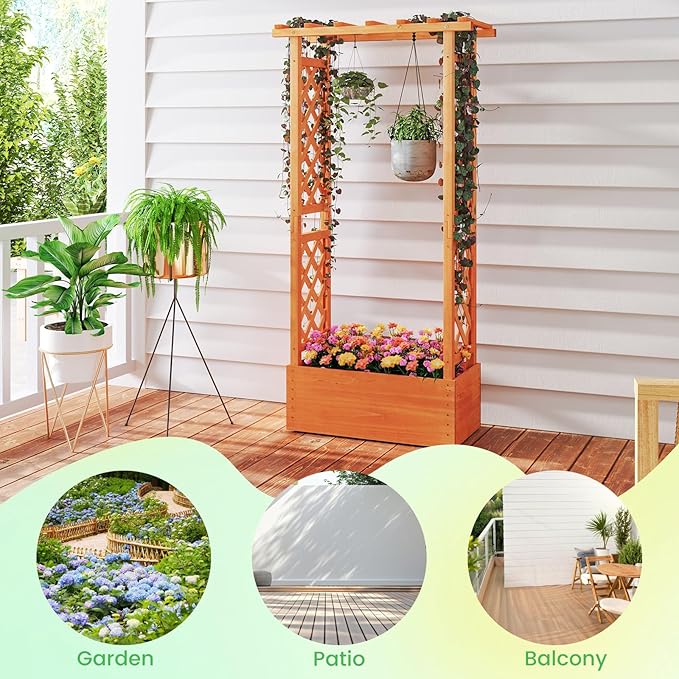 S AFSTAR Raised Garden Bed with Trellis Wood Planter Box with Hanging Roof &amp Drainage Holes for Climbing Plants Vines Flowers &amp Vegetables Indoor Outdoor Plant Container for Patio &amp Ya