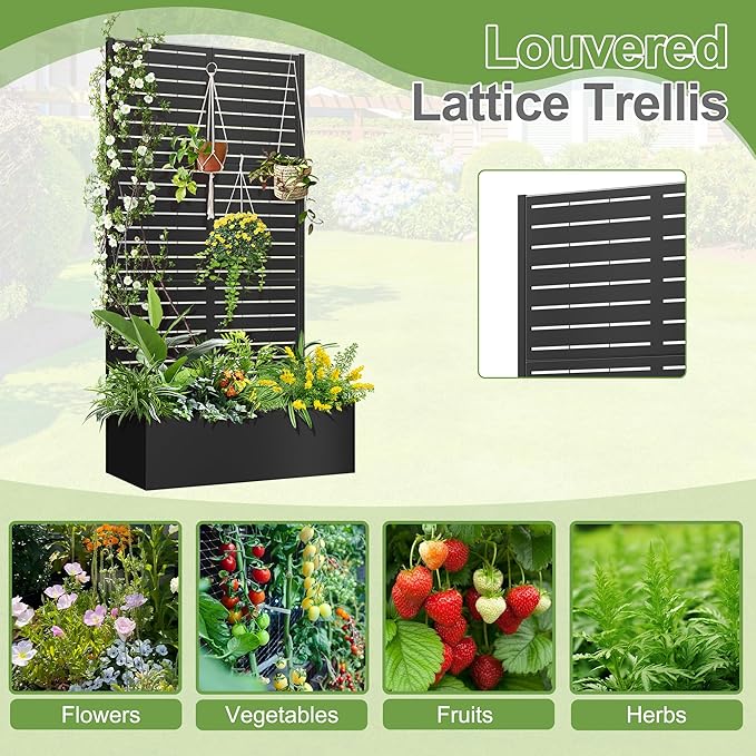 Trellis for Climbing Plants OutdoorMental Garden Bed with Drainage Holes Outdoor Privacy Screen Design Tall planters for herb Flower Vegetables 73x35x16 Black-Louvered