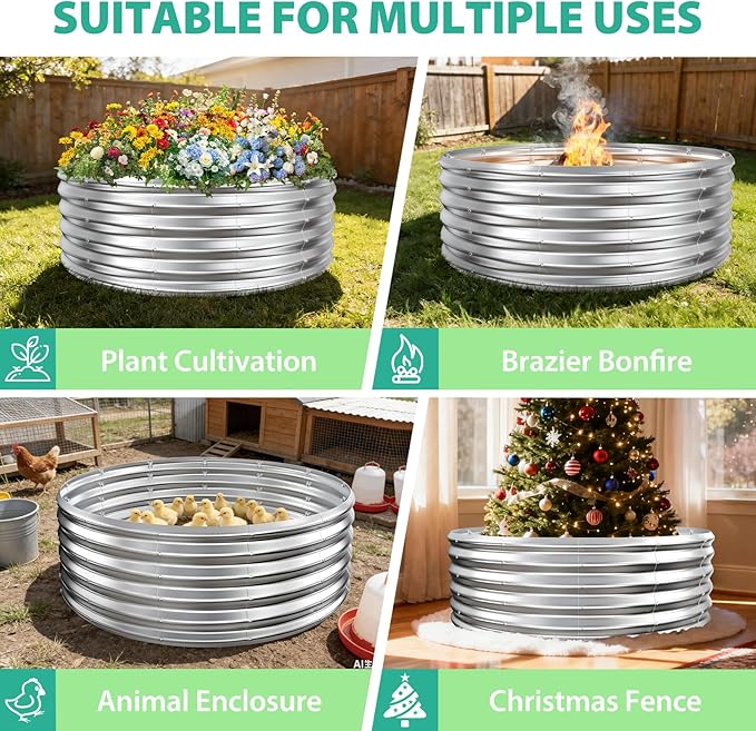 17 Tall Round Outdoor Garden Raised Garden Bed Kits-0.8MM Thick Metal Raised Planter Bed/Ground Planter Box for Variety of FlowersHerbsVegetablesTrees (Silver 48 Dia X 16.5inches)