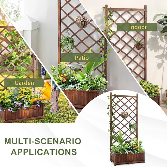 Wood Planter Raised Garden Bedwith Trellis29.5 x 16.9 x 67'' Outdoor Raised Garden Bed with Drainage Holes Free-Standing Trellis Planter Box for Vine Climbing Flowers in Garden
