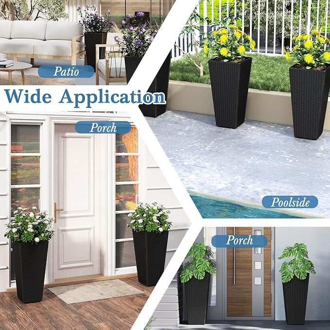 HAPPYGRILL 30 Tall Flower Pot Set of 2 Modern Decorative Planter Pots w/Open-Ended Base PE Rattan Frame Non-Woven Soil Bag Square Textured Flower Pots for Outdoor Garden Patio Front Porch