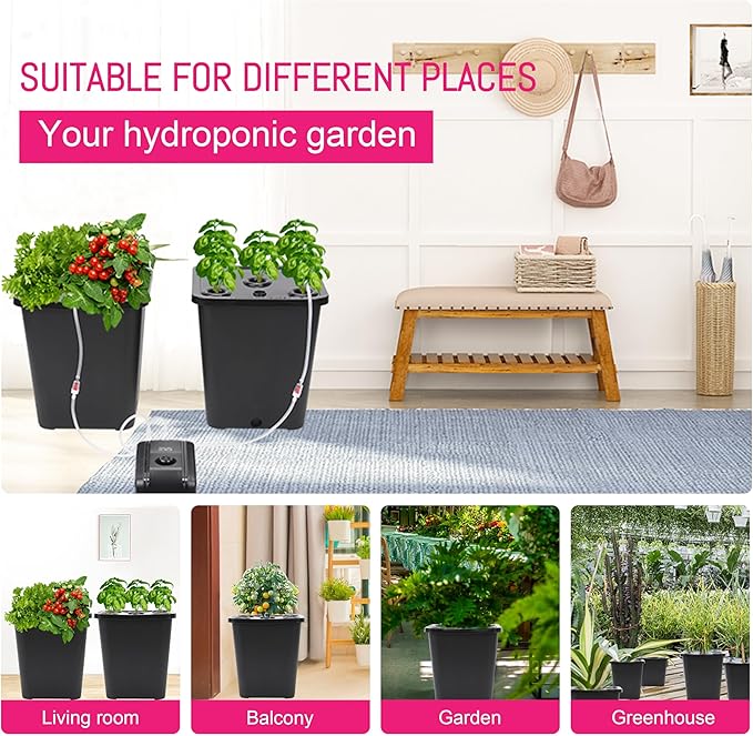 DWC 2 Hydroponic Buckets Kit for Plants Hydroponics Growing System for Herbs/Tomato/Vegetables DWC System with Air Pump &amp Germination Tray (Complete Indoor Hydroponic Gardening Supplies) (Black)