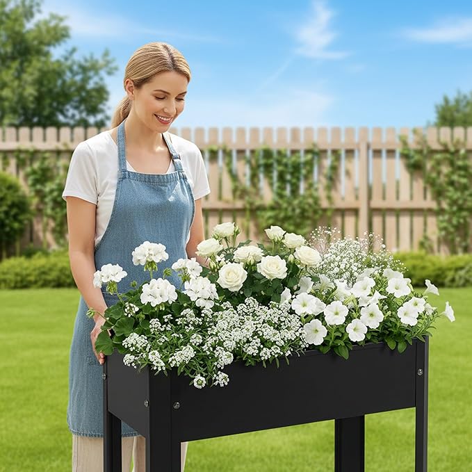 Raised Garden Bed with Legs 24×10.8×18 in Metal Elevated Raised Planter Box with Drainage Holes for Backyard Patio Balcony 80 lb Capacity - Black