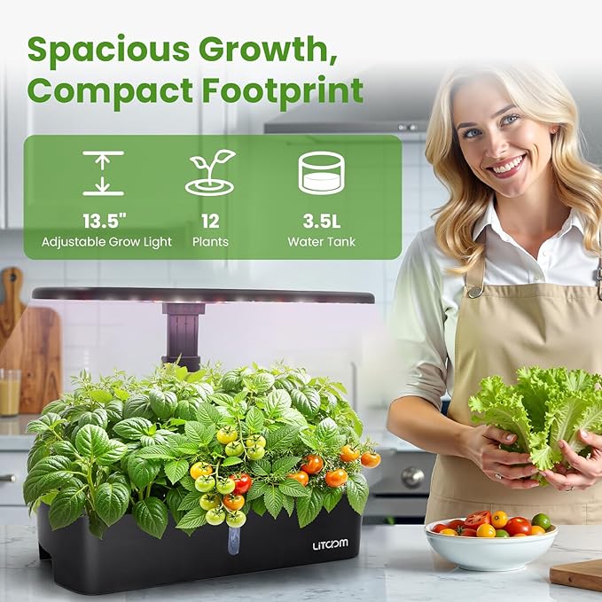 litokam 12-Pod Hydroponics Growing System Kit with LED Grow Light 24W 3.49L Indoor Herb Garden Planter with Quiet Water Pump 24H Timer 2 Grow Modes Hydroponics Garden for Home Kitchen Office Gifts