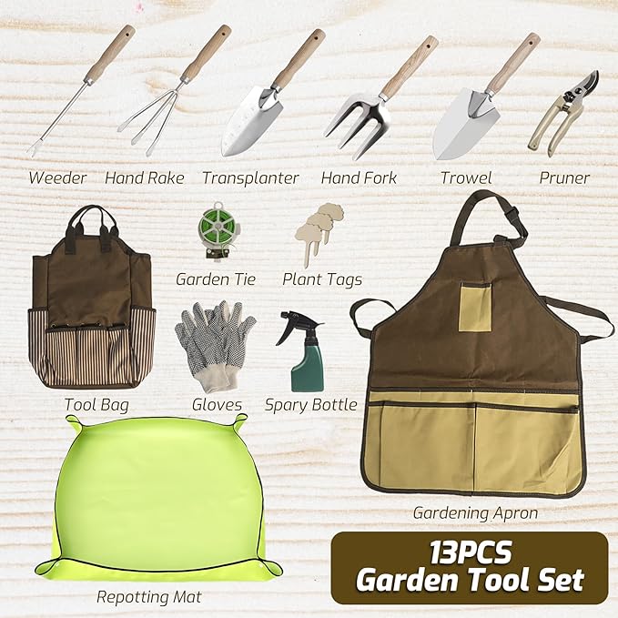 13-Piece Garden Tools Set with Tote Bag &amp Apron Repotting Mat - Stainless Steel Heavy Duty Planting Kit Ergonomic Non-Slip Handles - Gardening Gift for Women Mom Home Gardeners