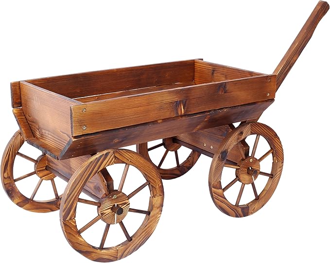 Wood Wagon Flower Planter Pot Stand WWheels Home GOutdoor Decor