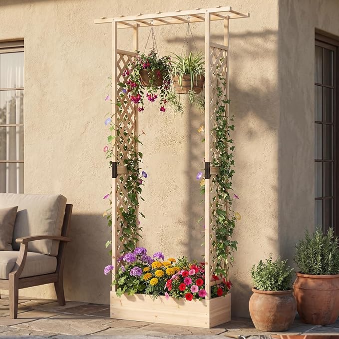 S AFSTAR Raised Garden Bed with Trellis 2 Pieces Fir Wood Planter Box with Flat Roof &amp Drainage Holes Vertical Planter Raised Bed for Climbing Plants Flowers &amp Vegetables 43 x 14 x 89 (