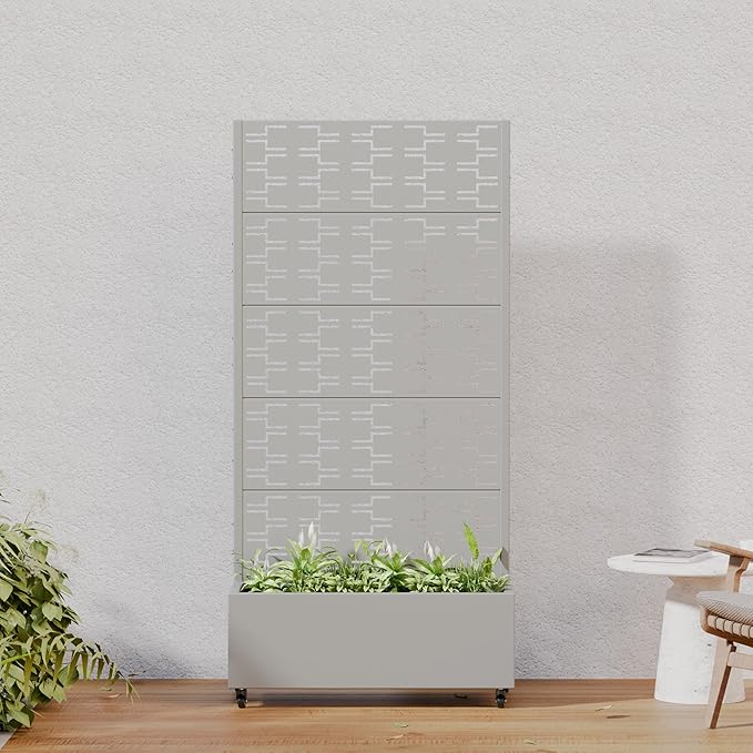 Casaphoria Metal Raised Garden Bed with Trellis and Wheels 72x35x16 Planter Box for Climbing Plants Vegetables &amp Vines Features Drainage Holes and Privacy Screen Grey-Brick