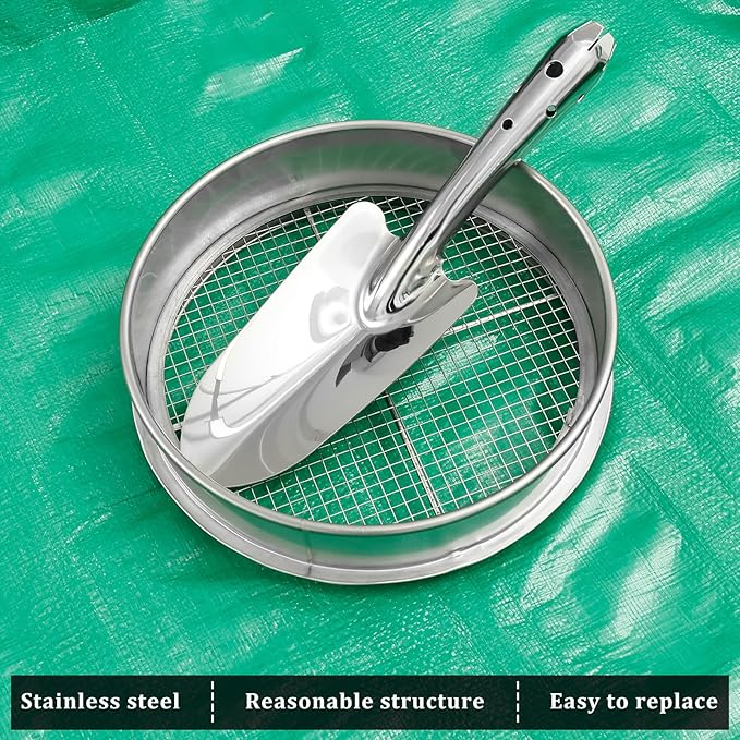 Soil Sifter for Gardening 8 Inch Stainless Steel Garden Sieve with 5 Replaceable Screens 1/3/6/9/12mm Garden Sifter with Shovel Gloves Planting Mat for Sand Rocks Dirt Compost