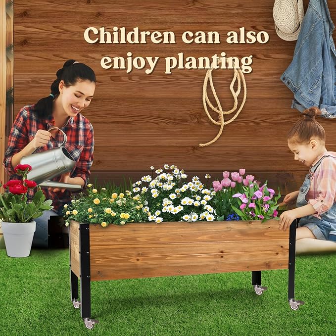 Wood Rectangular Garden Planter Box with Wheel Raised Garden Bed OutdoorPlanters for Outdoor Plants 37 * 13 * 15 Elevated Planter Box for Herbs Vegetables Flowers Outdoor Patio Deck Balcony
