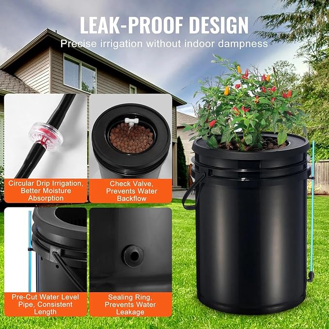 DWC Hydroponics Grow SystemHydroponic Growing System with Top Drip Kit5-Gallon Deep Water Culture with Air PumpAir Stone and Water Level Device for Leafy Vegetables(1 Bucket+Top Drip Kit)