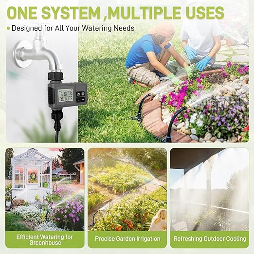 66FT Drip Irrigation Kit with Timer Automatic Garden Watering System with Flexible 360° Bendable Hose &amp Adjustable Emitters Drip Irrigation System for Greenhouse Yard Flower Bed Lawn &amp Pl
