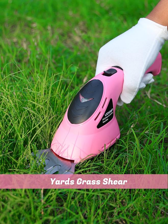 Lichamp 2-in-1 Electric Hand Held Grass Shear Pink Hedge Trimmer Shrubbery Clipper Cordless Battery Powered Rechargeable for Garden and Lawn CGS3602PK Pink