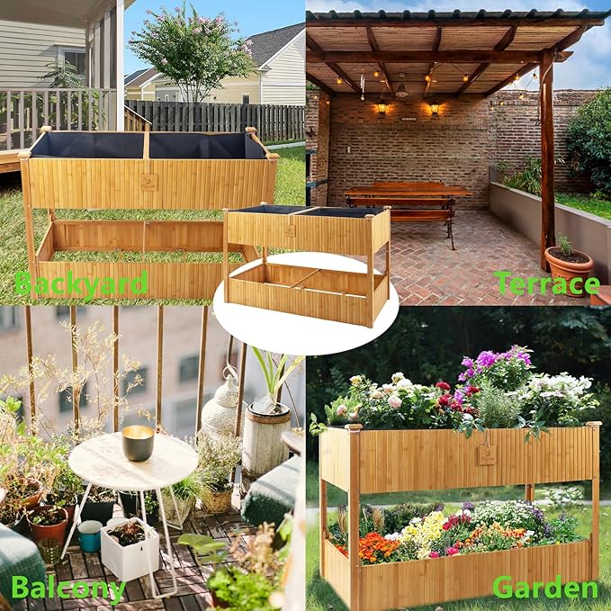 Raised Garden Bed - 2-Tier Elevated Planter Box for Herbs Vegetables Succulents &amp Flowers | 48x25x30 Inch Standing Growing Bed | Outdoor/Indoor Bamboo Planter