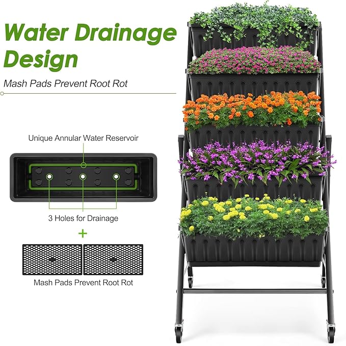 Homdox 2 Pack Vertical Garden Bed 5 Tiers Raised Garden Planter 25.6 * 26 * 48 Inch with Drainage System &amp 4 Hooks Vegetable Flower Stand for Garden Patio Yard (Black with 4 Wheels)