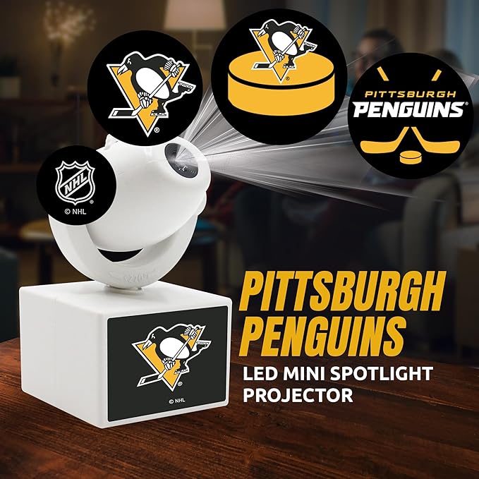 Sporticulture NHL American Hockey Pittsburgh Penguins LED Mini Spotlight Projector – 6 Team Logos Portable &amp USB Rechargeable – for Game Day Parties Dorm Rooms &amp More (No Button Batteries Re
