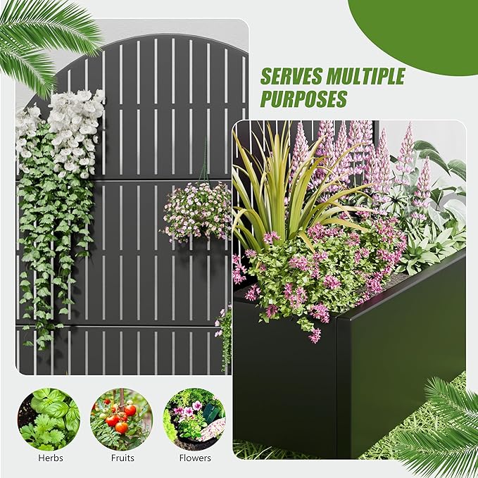 Casaphoria 72x47 Metal Raised Garden Bed with Trellis(2 Pack) Outdoor Planter Box with Wheels &amp Drainage Holes for Climbing Plants Flowers Elevated Garden Kit Black-Fence-Arched