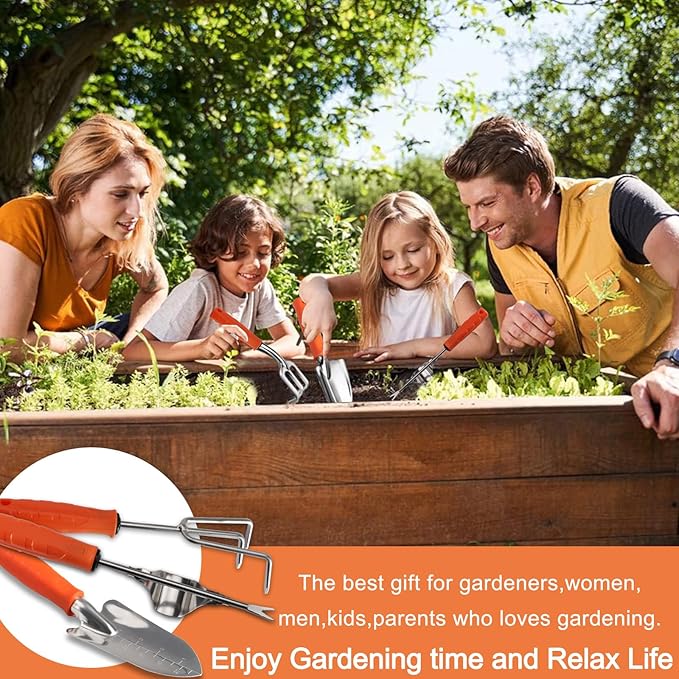 Garden Tool Set with Non-Slip Rubber Handle 3 Pack Stainless Steel Heavy Duty Gardening Tool Set Weed Puller Tool Includes Hand Weeder Transplants Trowel and Cultivator (Orange)