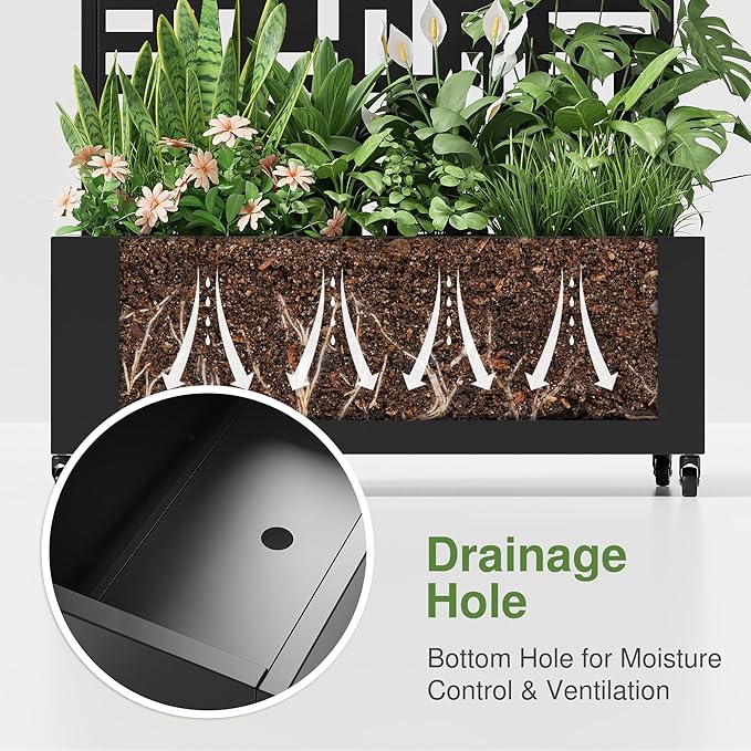 Casaphoria Metal Raised Garden Bed with Trellis and Wheels 72x35x16 Planter Box for Climbing Plants Vegetables &amp Vines Features Drainage Holes and Privacy Screen (Black-Helen)