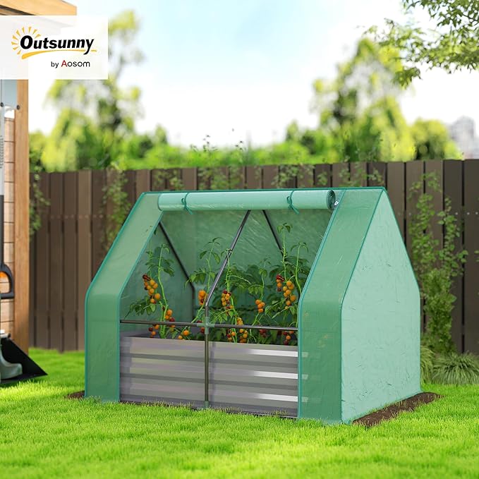 Outsunny 4 x 3 x 3ft Raised Garden Bed with Mini Greenhouse Galvanized Raised Garden Bed with Cover for Herbs and Vegetables Small Greenhouse for Patio Garden Balcony Green and Dark Gray