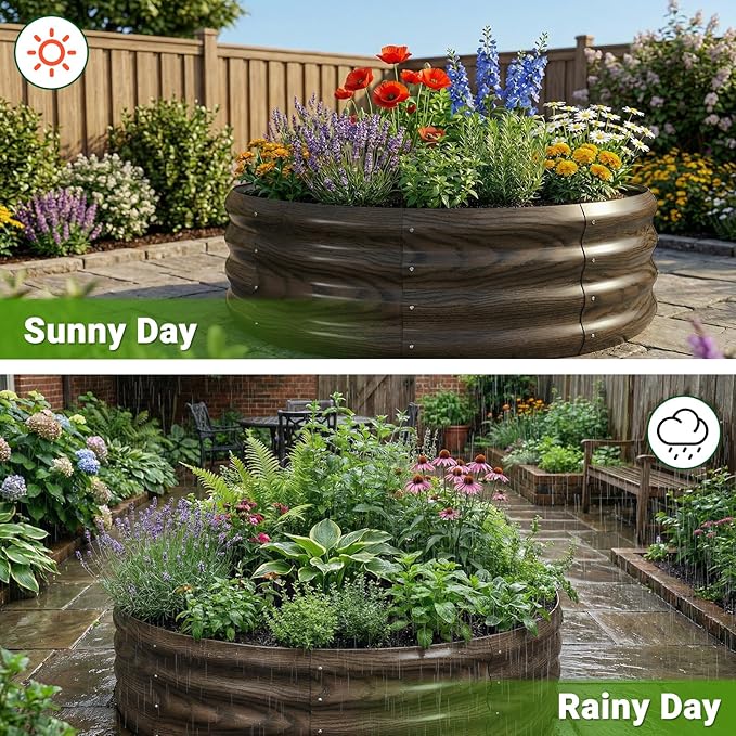 DoCred 3 Pack 3x3x1Ft Round Galvanized Raised Garden Bed Metal Garden Bed Outdoor Kit for Gardening Above Ground Planter Box for Plants Vegetables Herbs Flowers Wood Grain