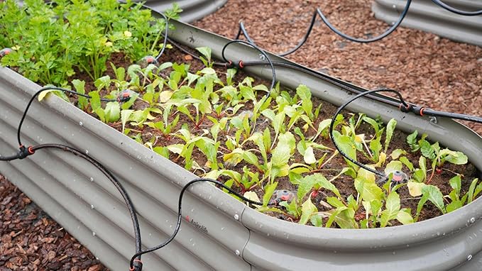 A ANLEOLIFE Raised Garden Bed Bundle with 230FT Drip Irrigation System Kit 8x4x2ft Oval Metal Bed + 2-Pack Round Metal Planters Quartz Grey