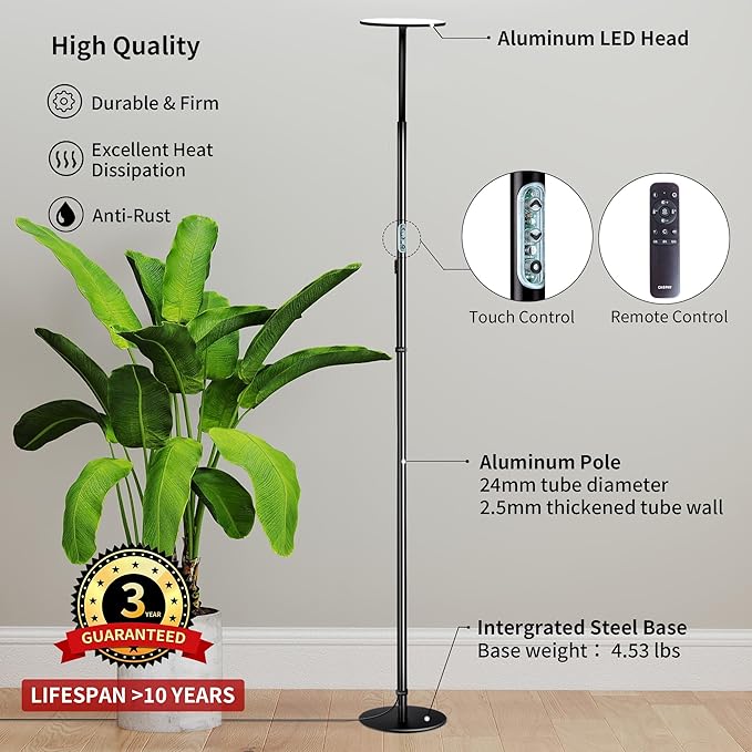 chiphy Grow Lamp 60W Full Spectrum Grow Lights for Indoor Plants 4/8/12H Timer 2300K-6500K 10 Dimmable Brigntness 76'' Height Adjustable Remote Control Ideal for Tall Large Plants