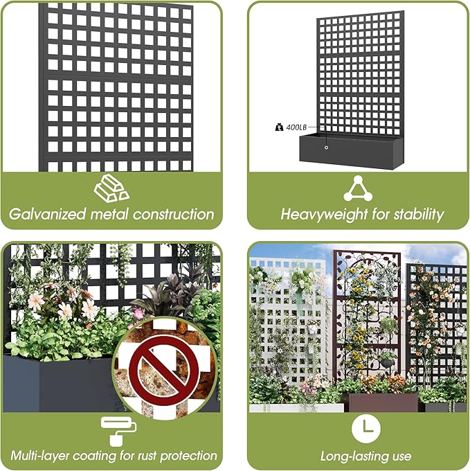Metal Planter Box with Trellis 71x 47x 16 Raised Garden Bed Planter Box Trellis with Privacy Screen and Drainage Holes Black