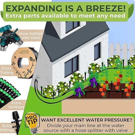 CARPATHEN Drip Irrigation System Kit - Complete Premium Garden Watering System with Adjustable Sprinkler Emitters 5/16 &amp 1/4 Tubing and Fittings - Drip Line for Raised Beds Lawn Pots Greenho