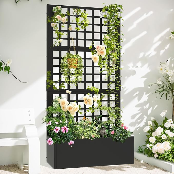 Metal Planter with Trellis 72 x 36’’ x 16 Raised Garden Bed with Trellis Planter Box with Privacy Screen for Climbing Plants Flowers Vegetables Fruits