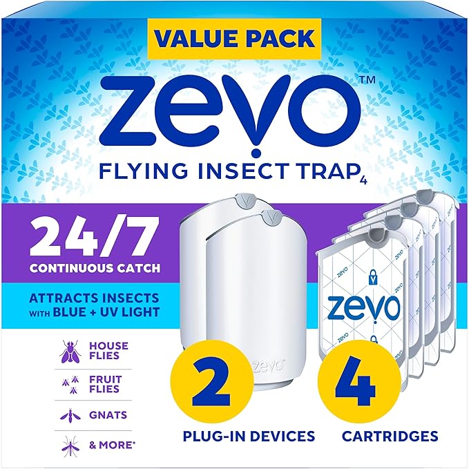 Zevo 2 Flying Insect Traps &amp 4 Refill Cartridges - Plug in Fly Trap &amp Indoor Bug Catcher for Gnats House &amp Fruit Flies - Blue &amp UV Light Technology Mess-Free Alternative to Bug Zappe