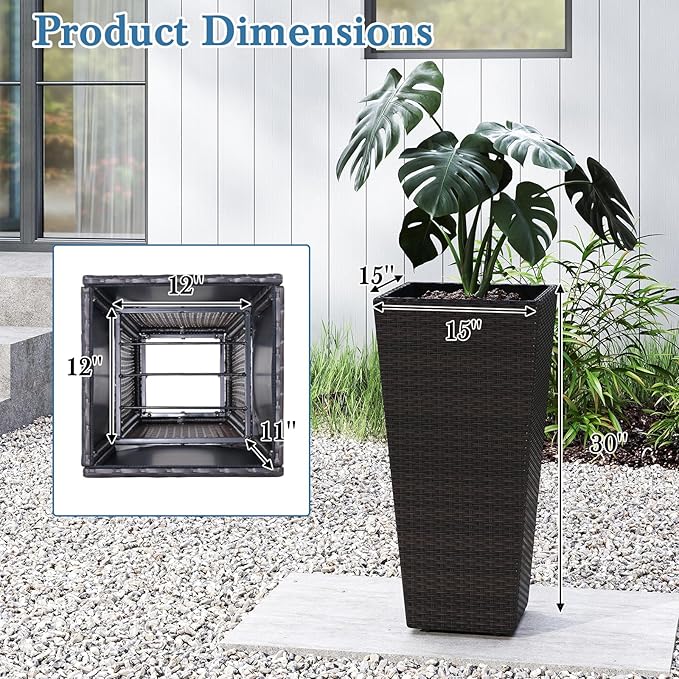 HAPPYGRILL 30 Tall Plant Pot Set of 2 Modern Decorative Flower Pots w/Open-Ended Base PE Rattan Frame Non-Woven Soil Bag Square Textured Flower Pots for Outdoor Garden Patio Front Porch