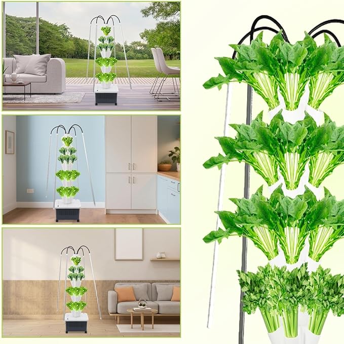 Vertical Hydroponic Tower Garden Kit - 40 Plant Indoor Growing System with LED Grow Lights 8-Tier Planter on Wheels Smart Timer for Herbs Fruits and Vegetables