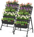 Homdox 2 Pack Vertical Garden Bed 5 Tiers Raised Garden Planter 25.6 * 26 * 48 Inch with Drainage System &amp 4 Hooks Vegetable Flower Stand for Garden Patio Yard (Black with 4 Wheels)