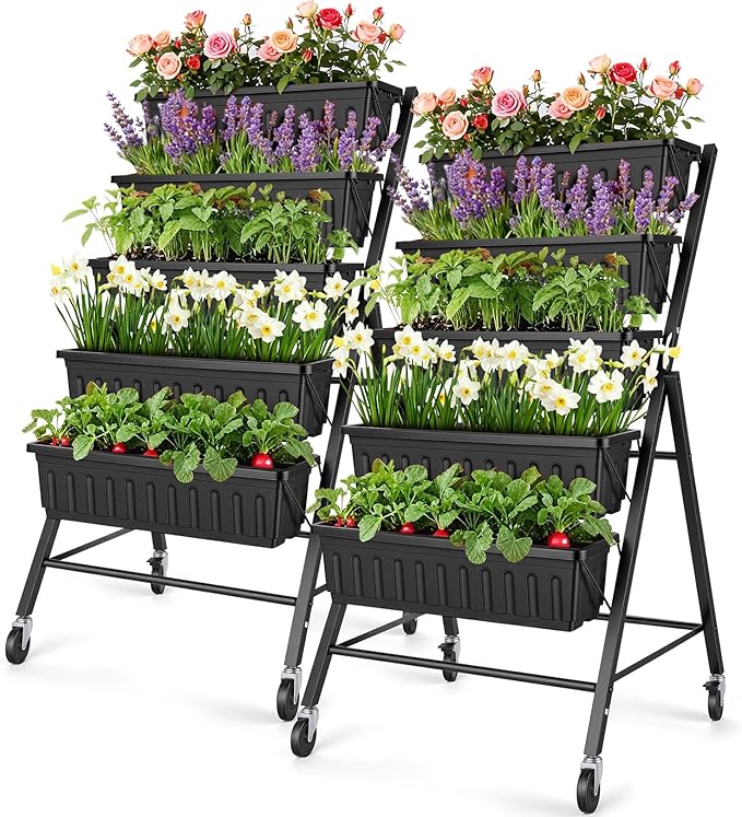 Homdox 2 Pack Vertical Garden Bed 5 Tiers Raised Garden Planter 25.6 * 26 * 48 Inch with Drainage System &amp 4 Hooks Vegetable Flower Stand for Garden Patio Yard (Black with 4 Wheels)