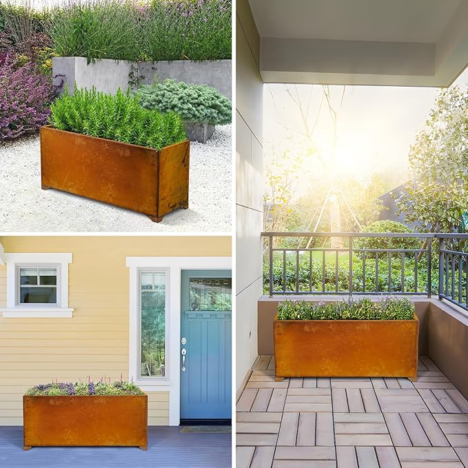 Stanbroil Corten Steel Planter Box for Outdoor Patio - 36 X12 X16 Inch Large Rectangular Metal Planter Box with Natural Rusty and Drainage Holes for Raising Flower Plants