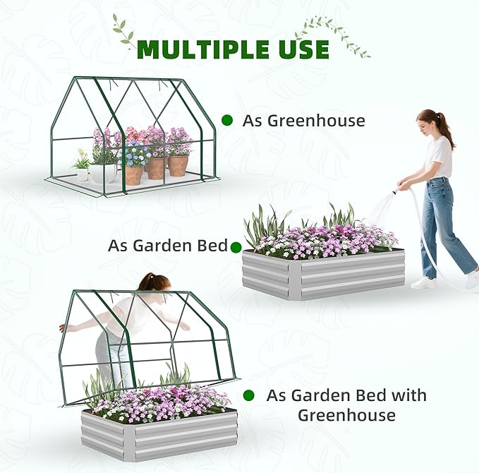Outsunny 4 x 3 x 3ft Raised Garden Bed with Mini Greenhouse Galvanized Raised Garden Bed with Cover for Herbs and Vegetables Small Greenhouse for Patio Garden Balcony Clear and Gray